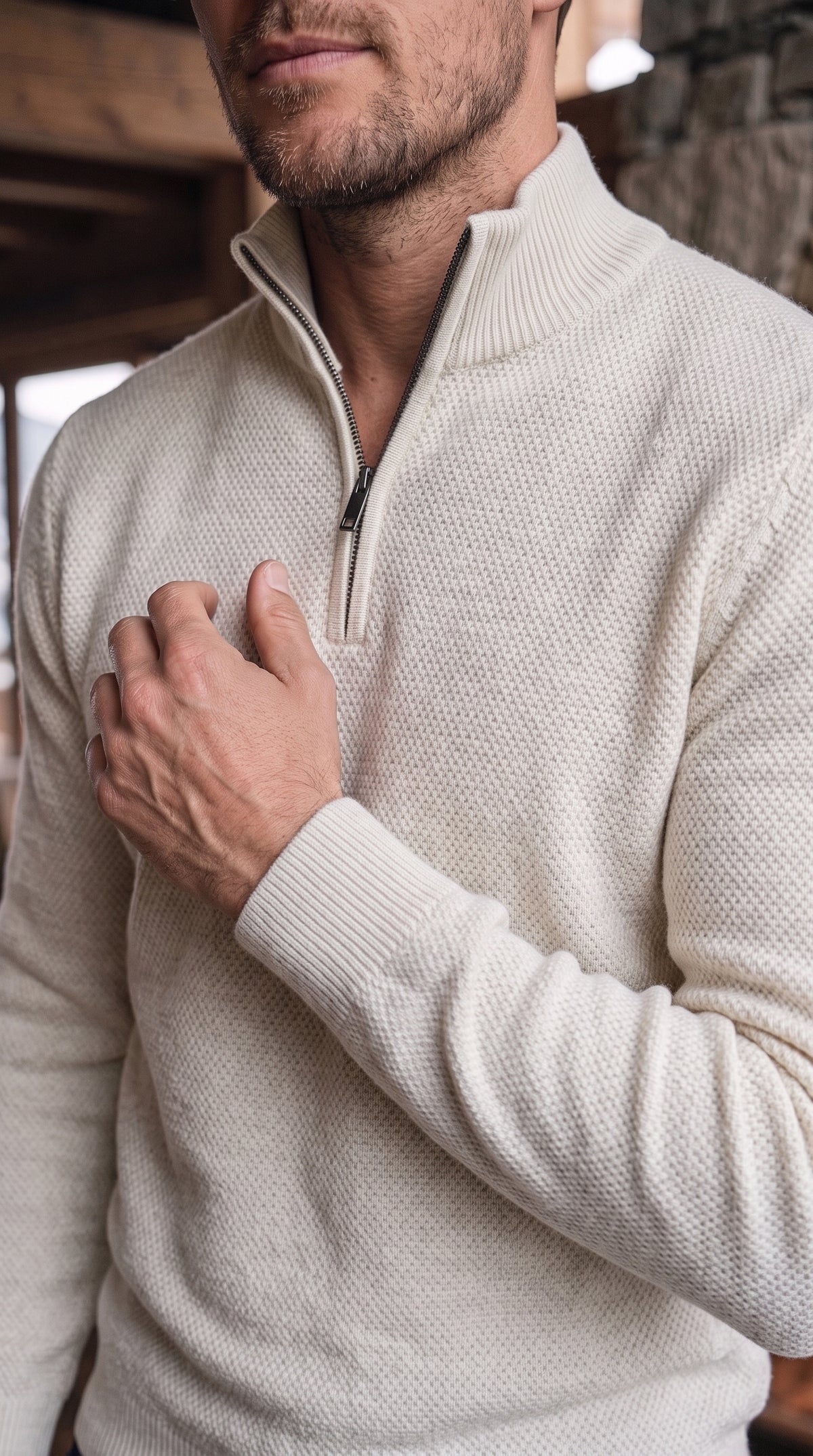 The Essence Cotton Half-Zip Sweater (White Wash)