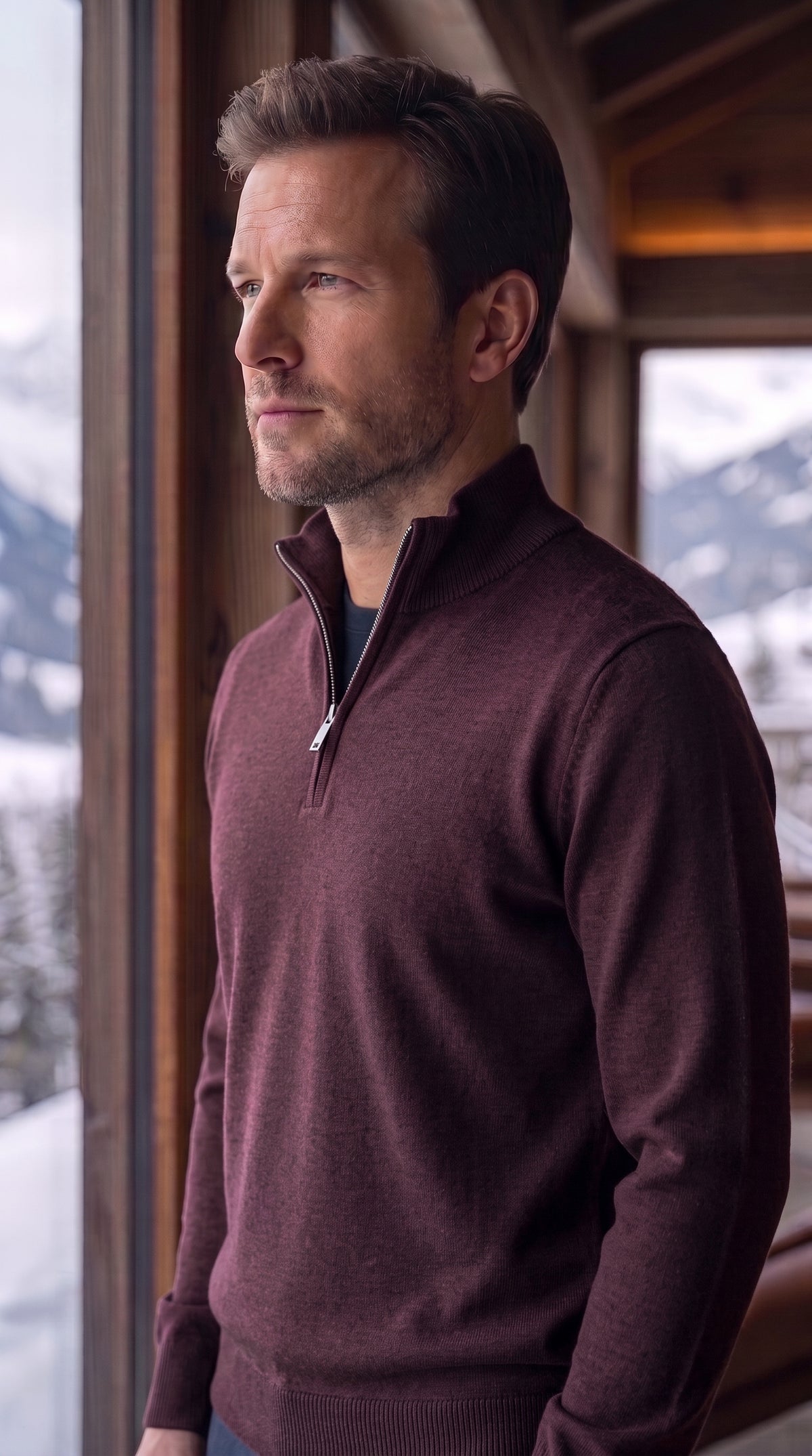 The Essence Cotton Sweater with Half Zip (Dark Red)