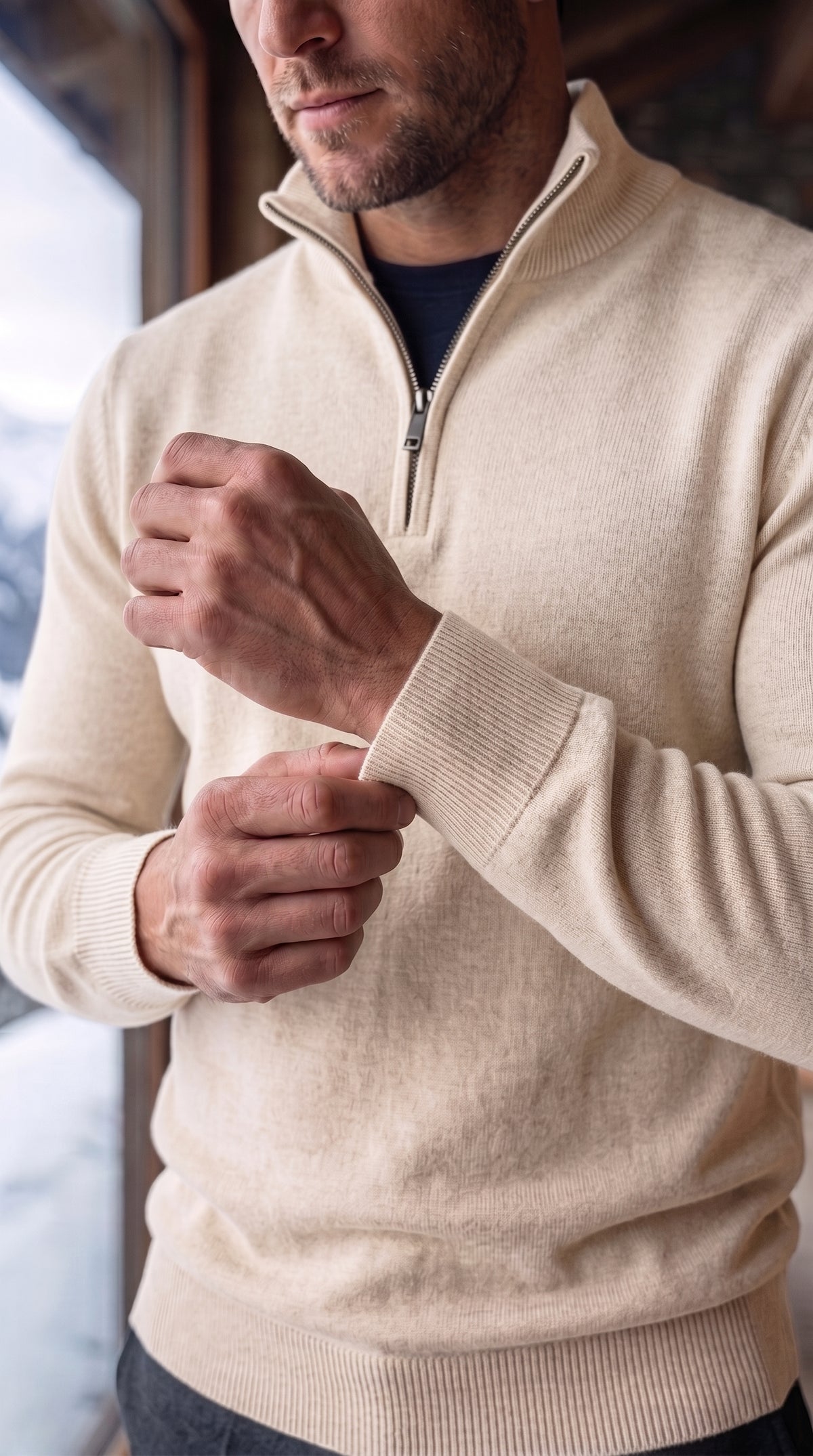 The Essence Cotton Sweater with Half Zip (White Wash)