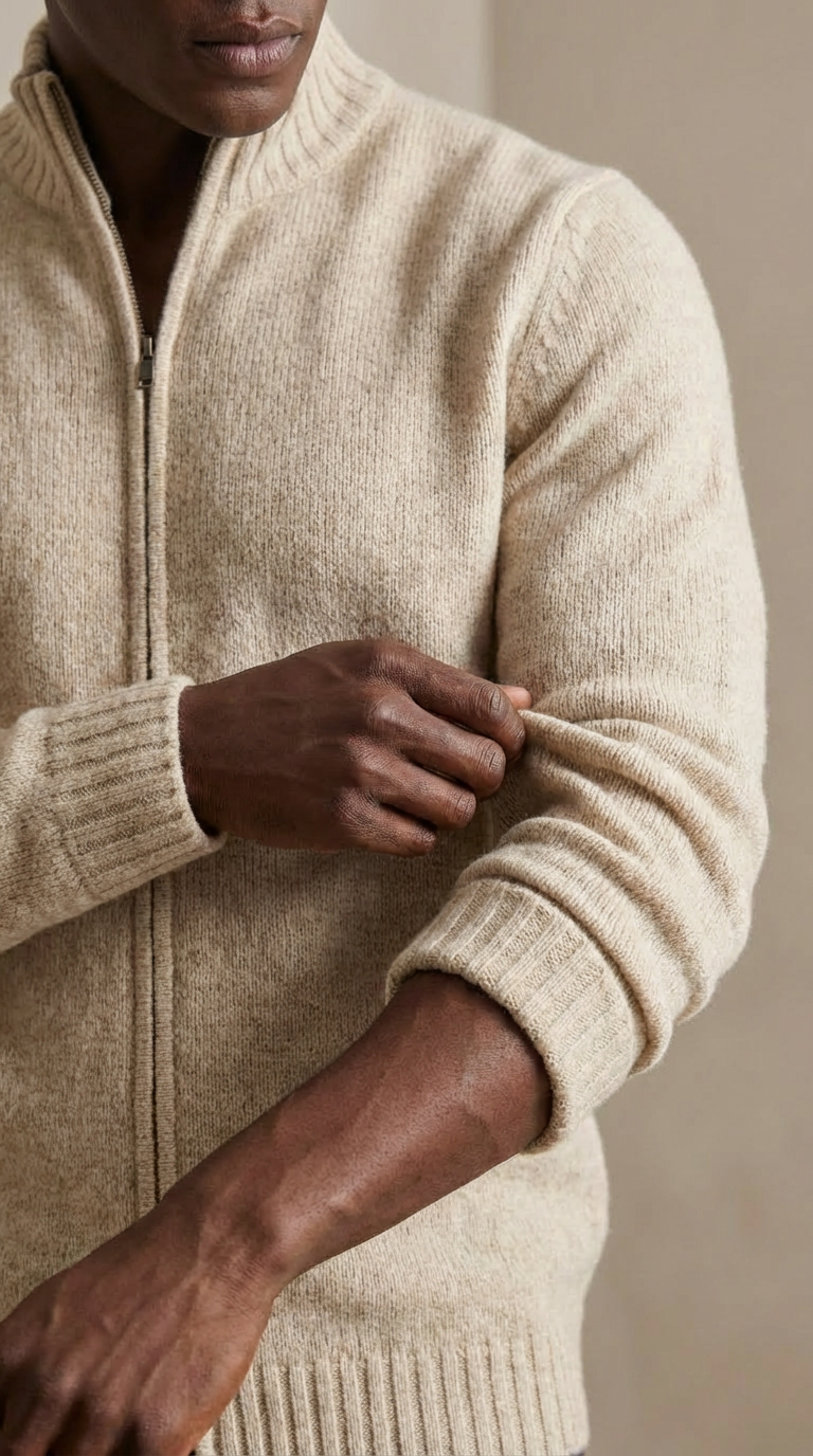 Suéter de lana hervida beige con cremallera completa