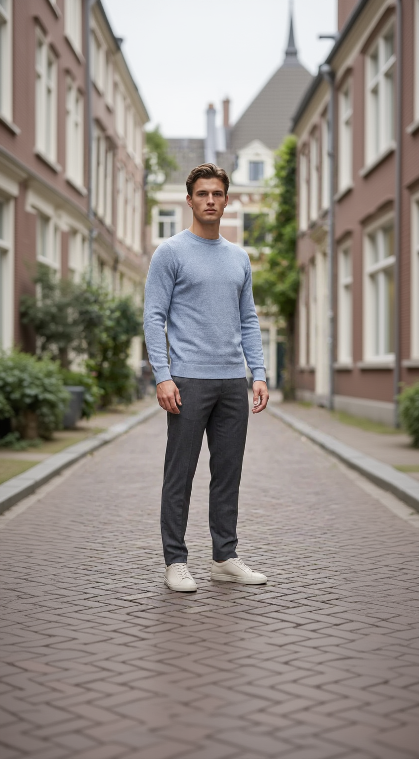 Blue structured crewneck