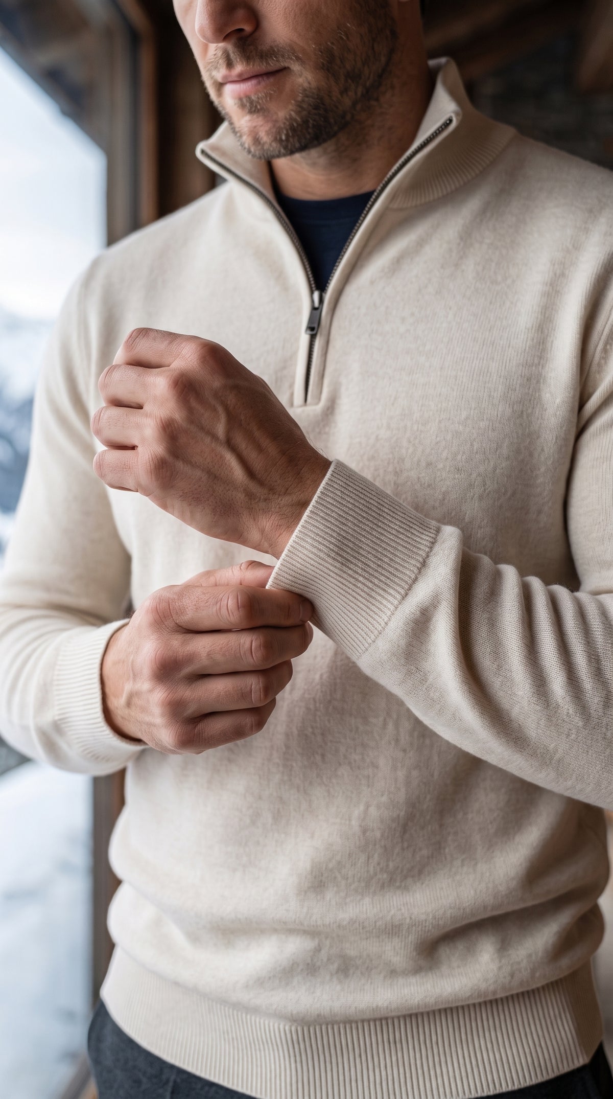 The Essence Cotton Sweater with Half Zip (White Wash)