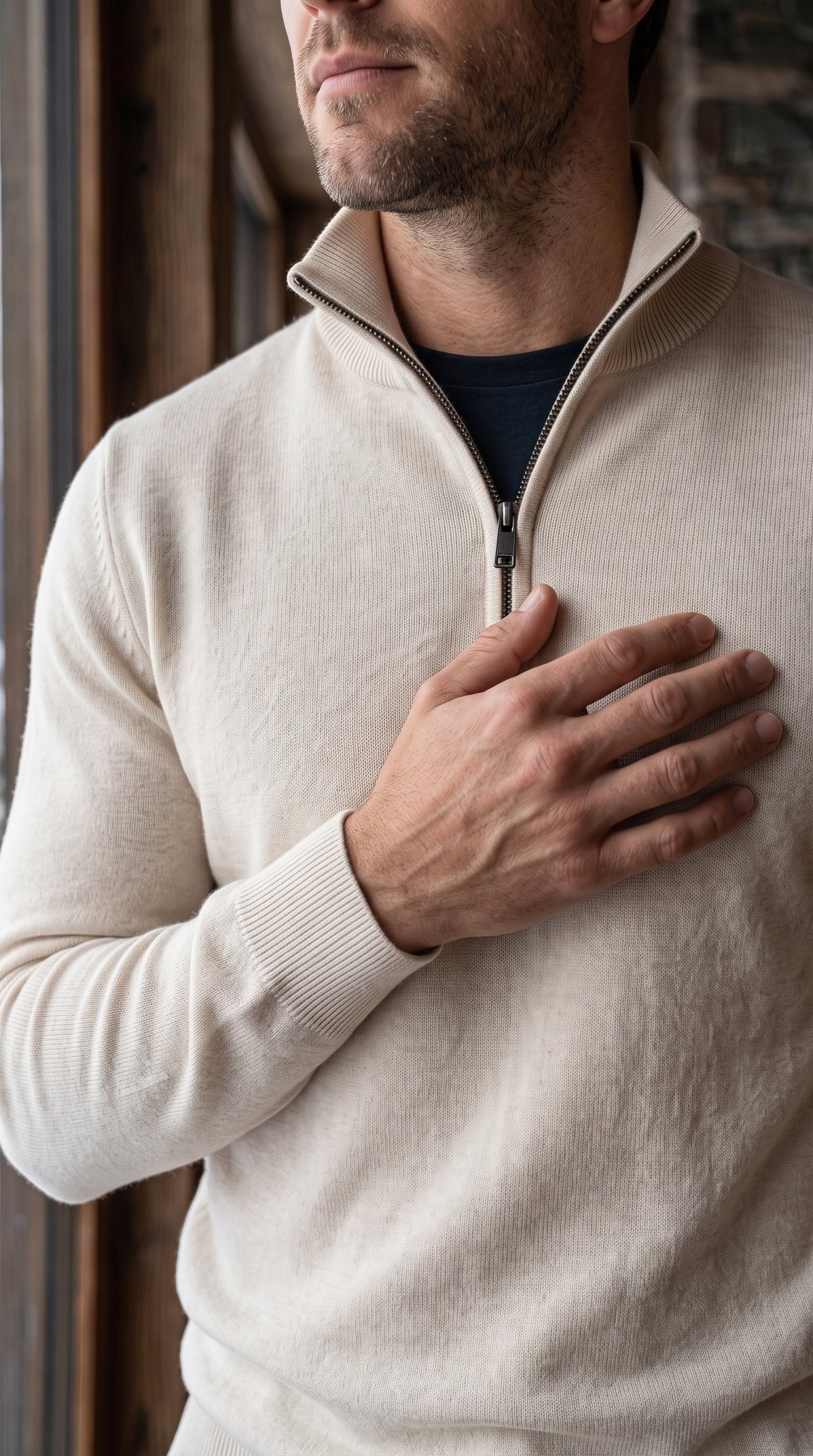 The Essence Cotton Sweater with Half Zip (White Wash)