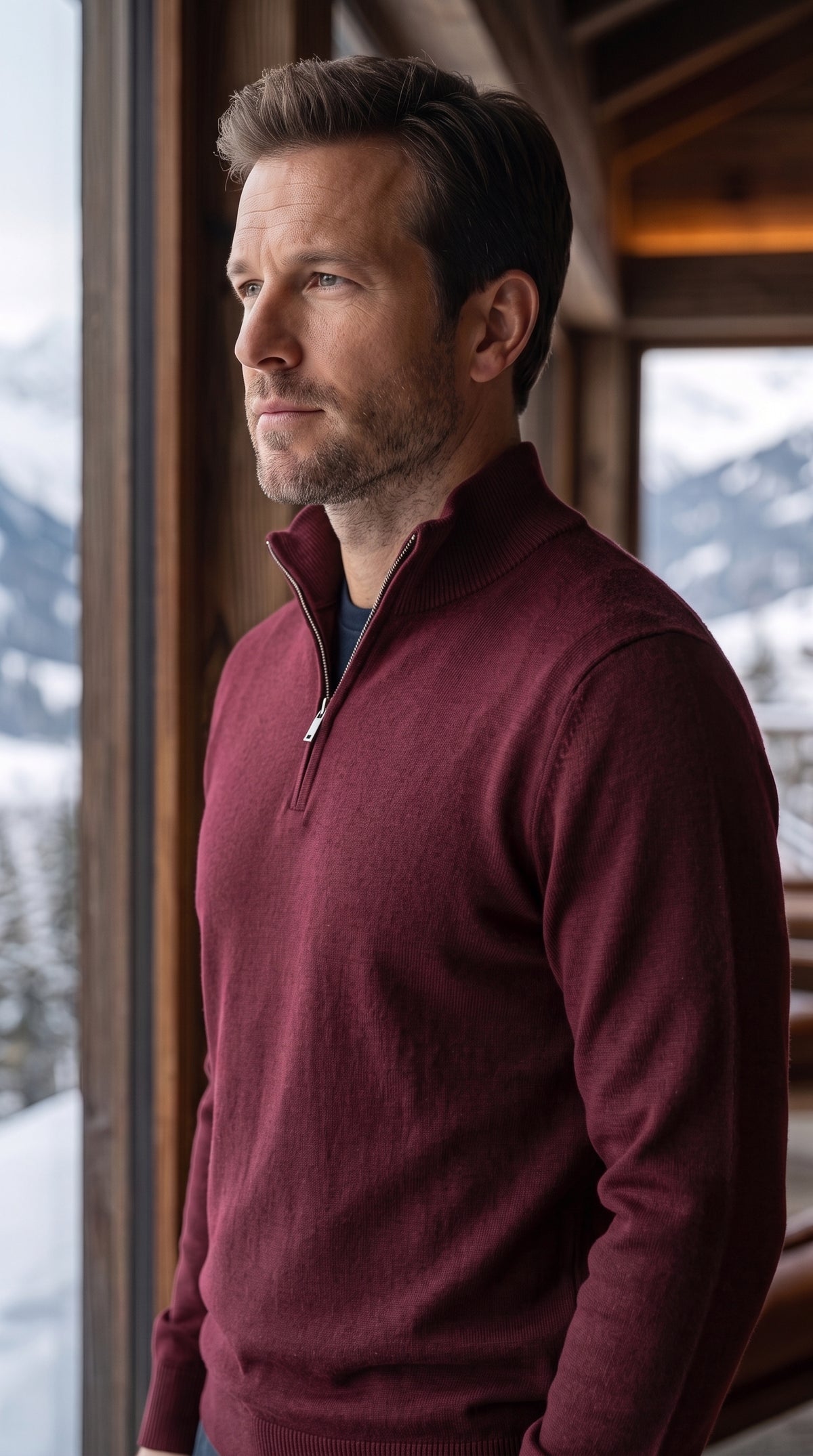 The Essence Cotton Sweater with Half Zip (Dark Red)