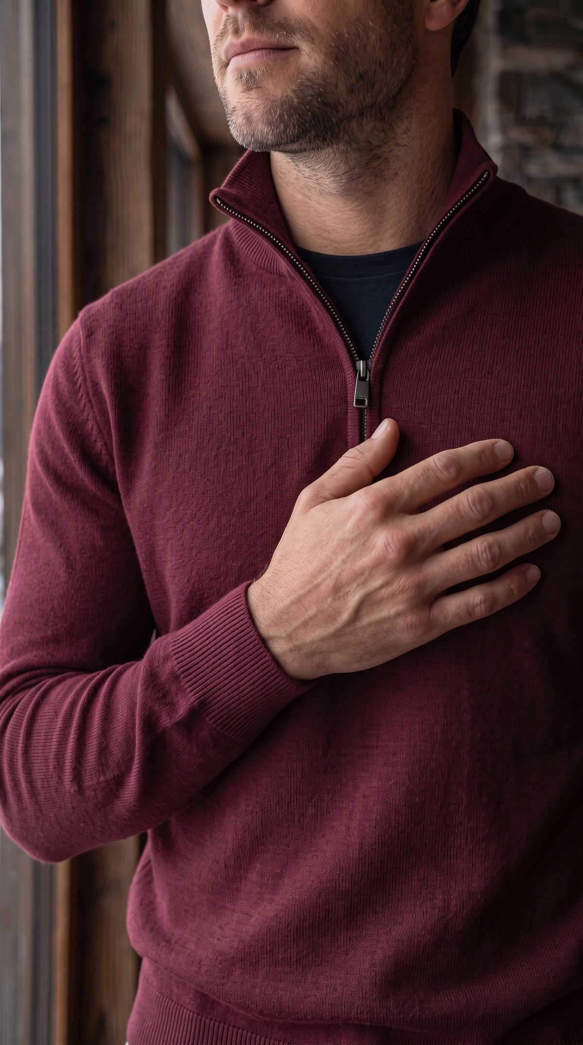 The Essence Cotton Sweater with Half Zip (Dark Red)