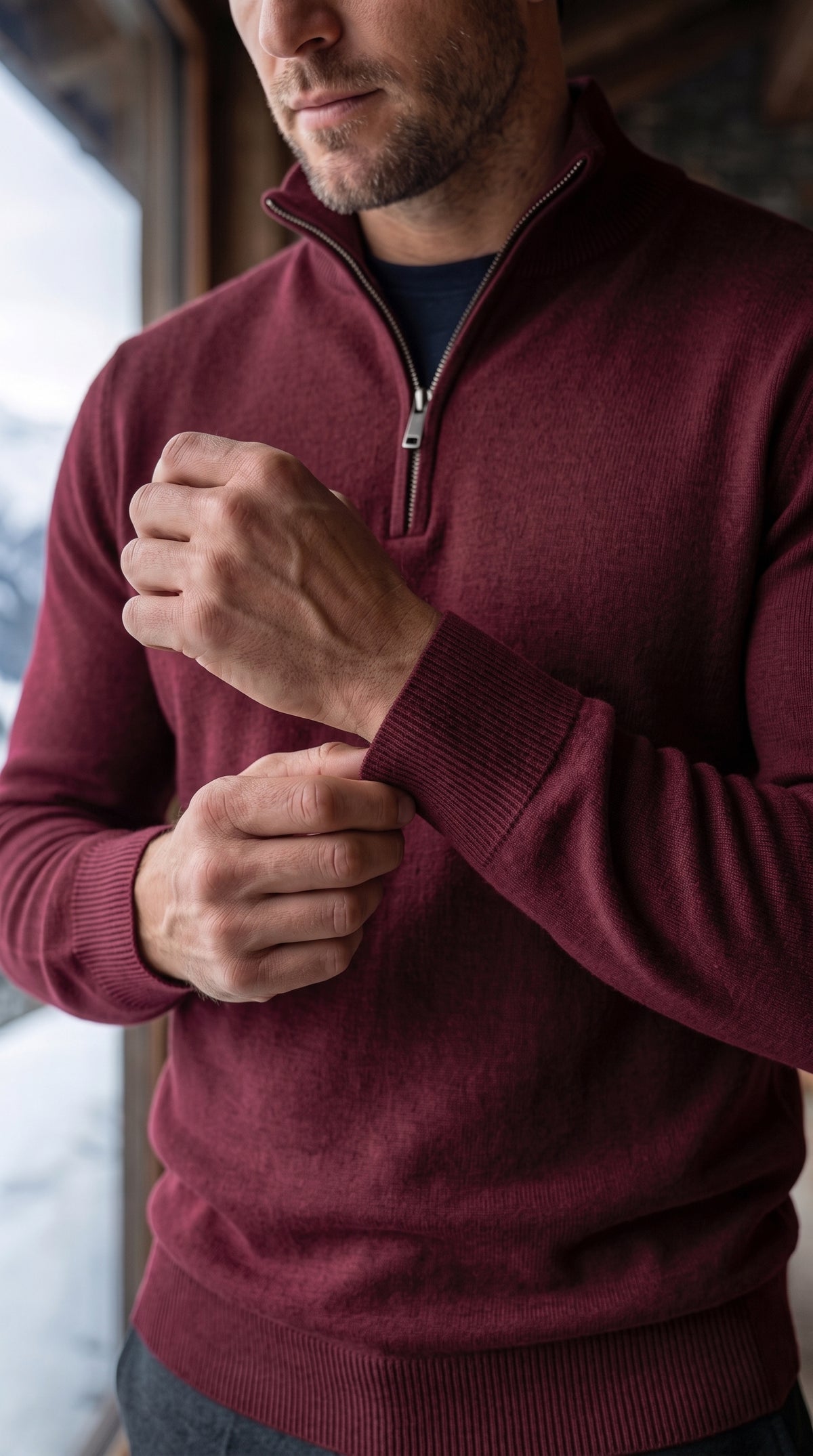 The Essence Cotton Sweater with Half Zip (Dark Red)