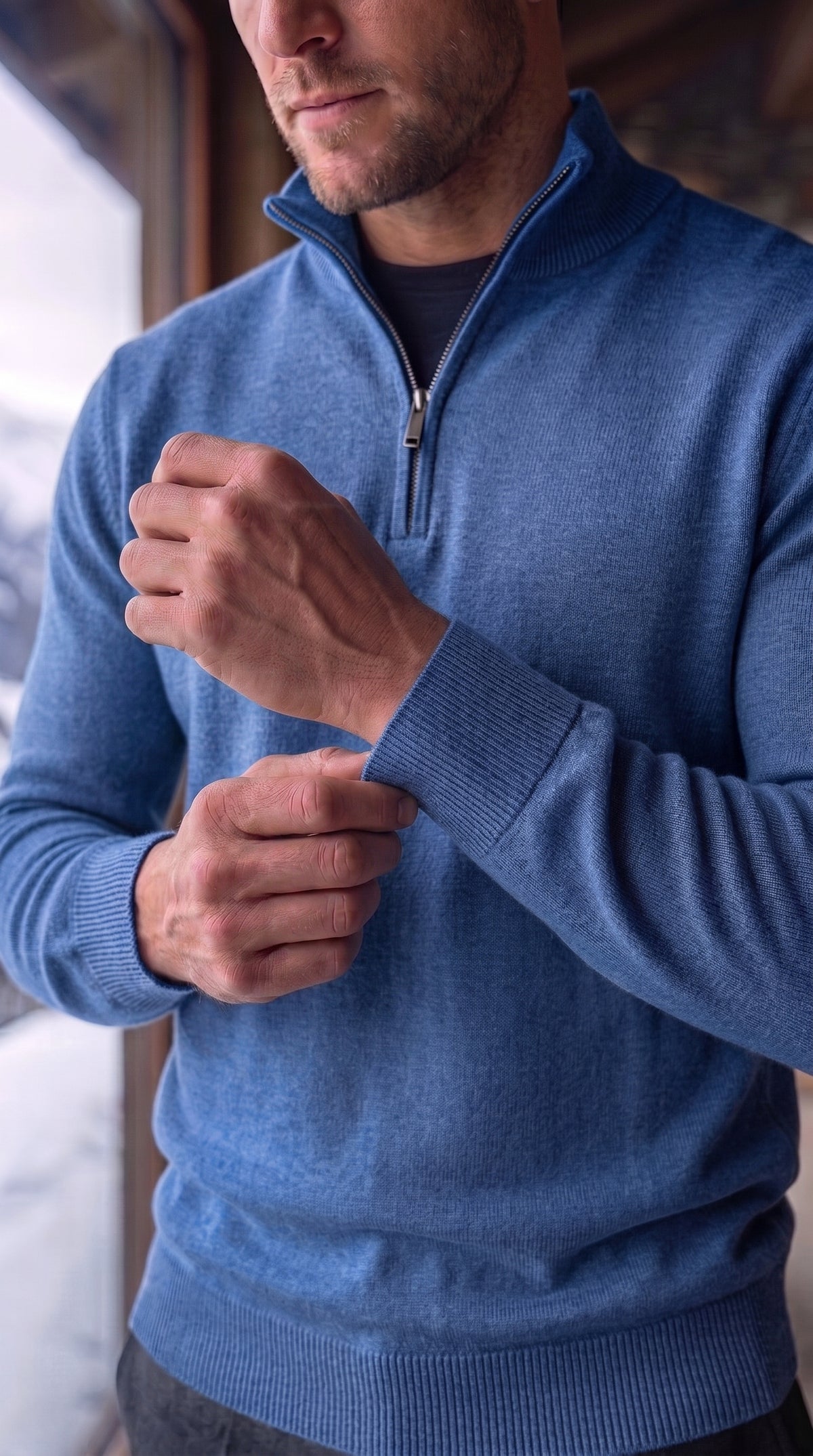 The Essence Cotton Sweater with Half Zip (Blue Colors)