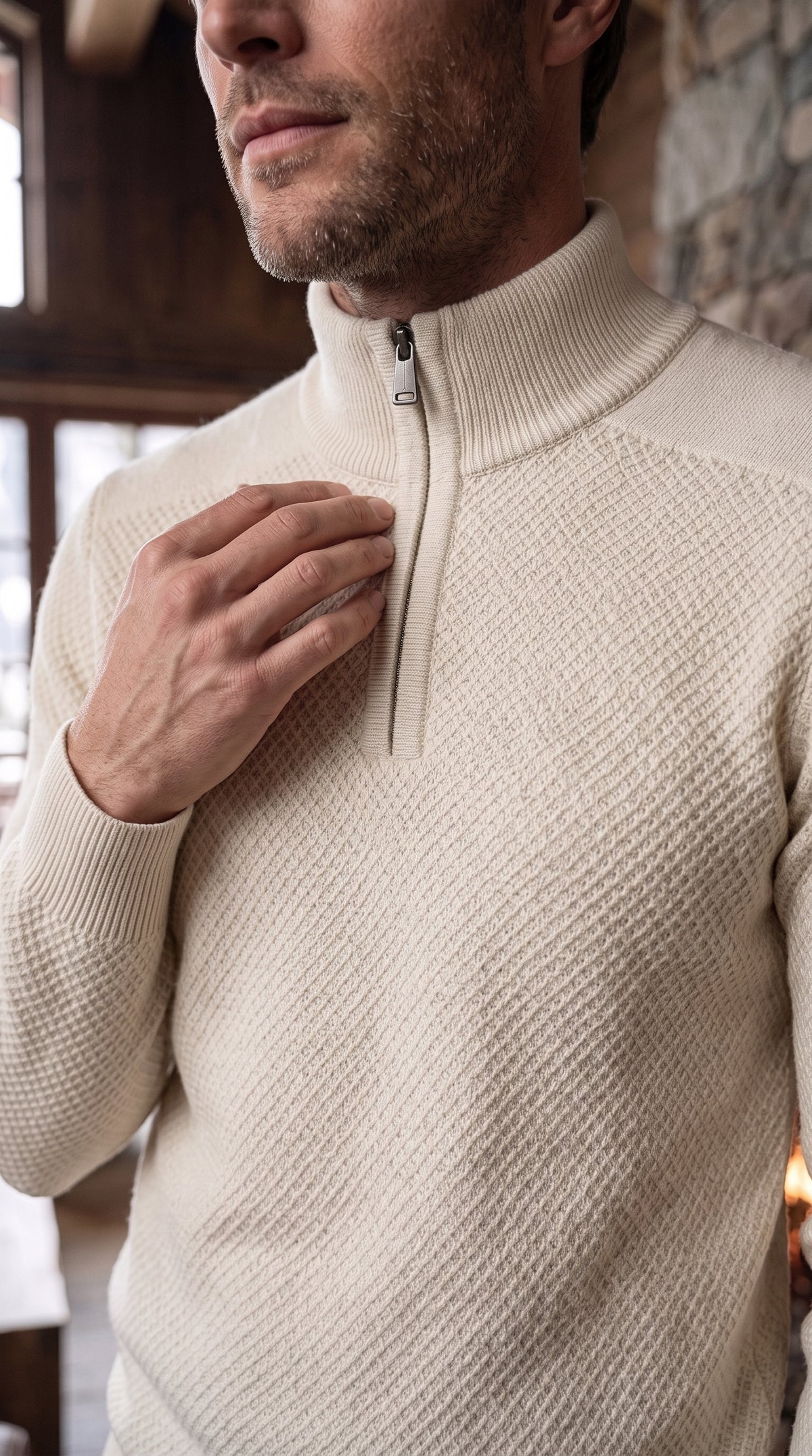The Essence Knit Sweater with Half Zip (White Wash)
