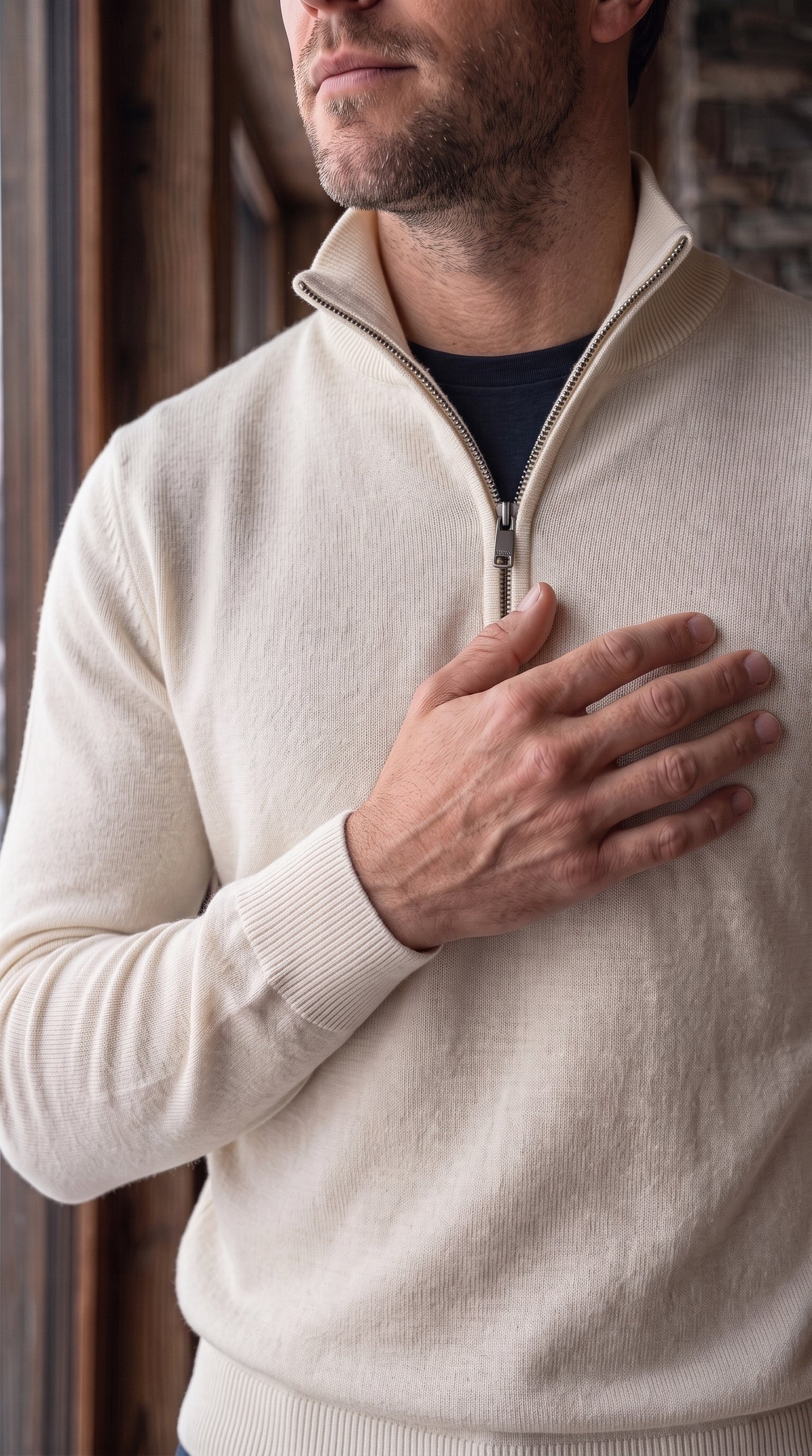 The Essence Cotton Sweater with Half Zip (White Wash)