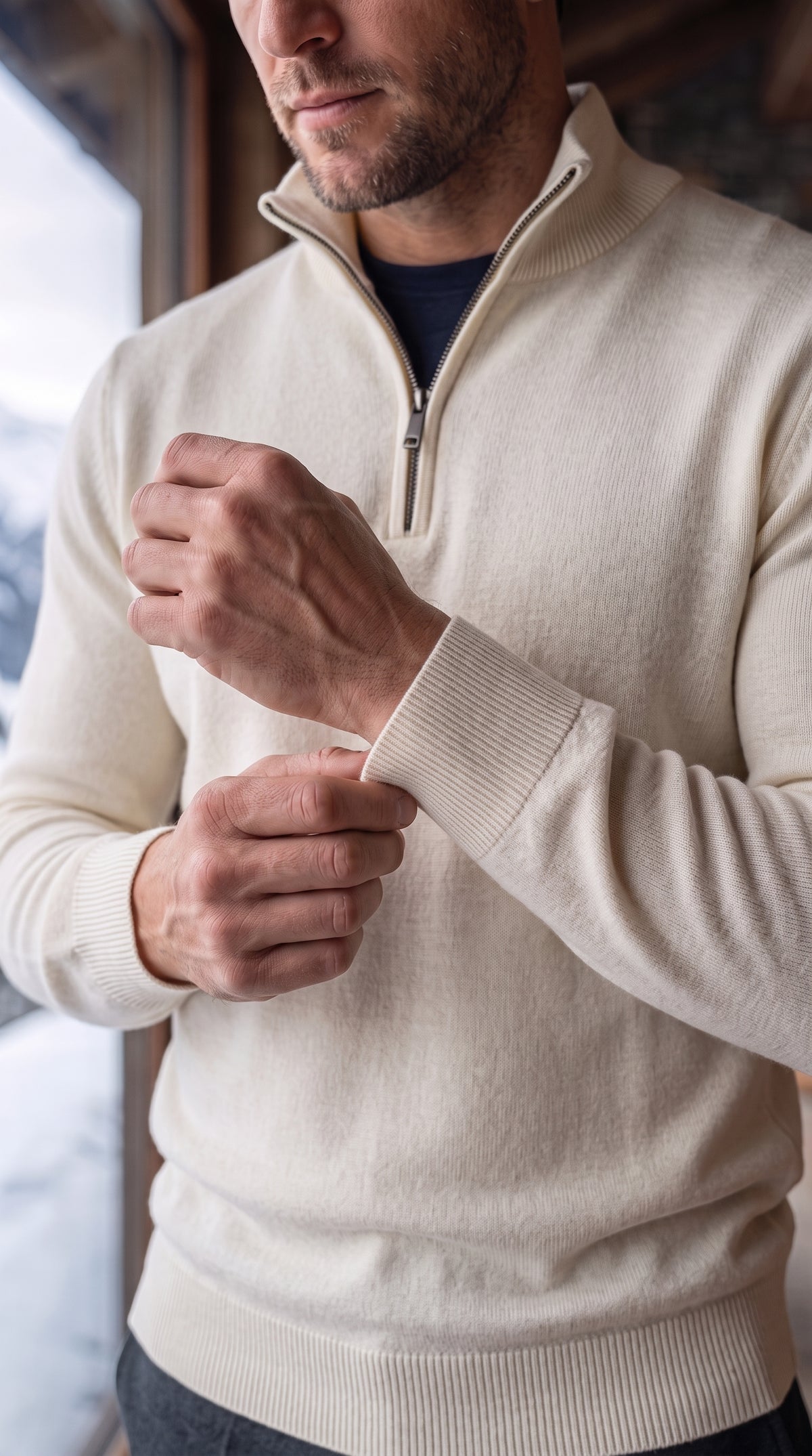 The Essence Cotton Sweater with Half Zip (White Wash)