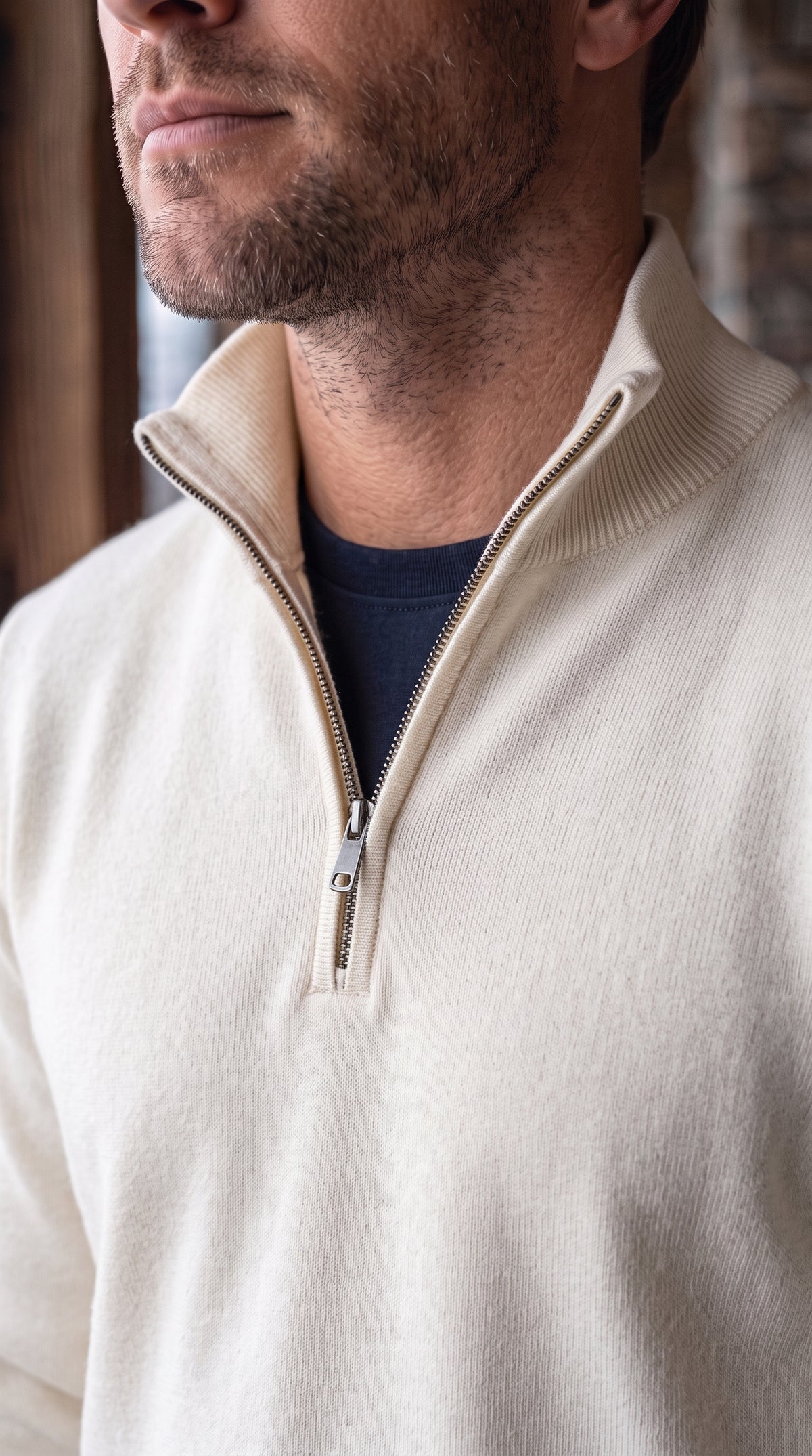 The Essence Cotton Sweater with Half Zip (White Wash)