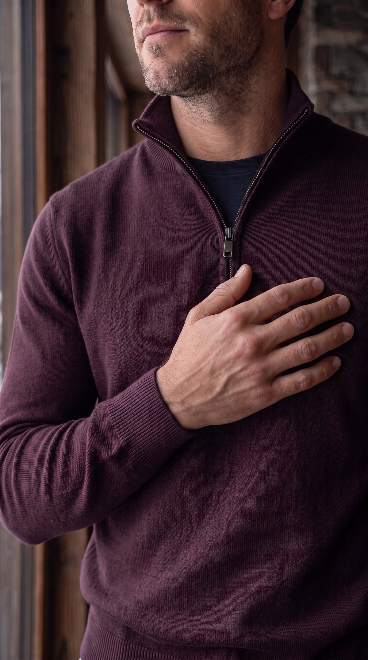 The Essence Cotton Sweater with Half Zip (Dark Red)