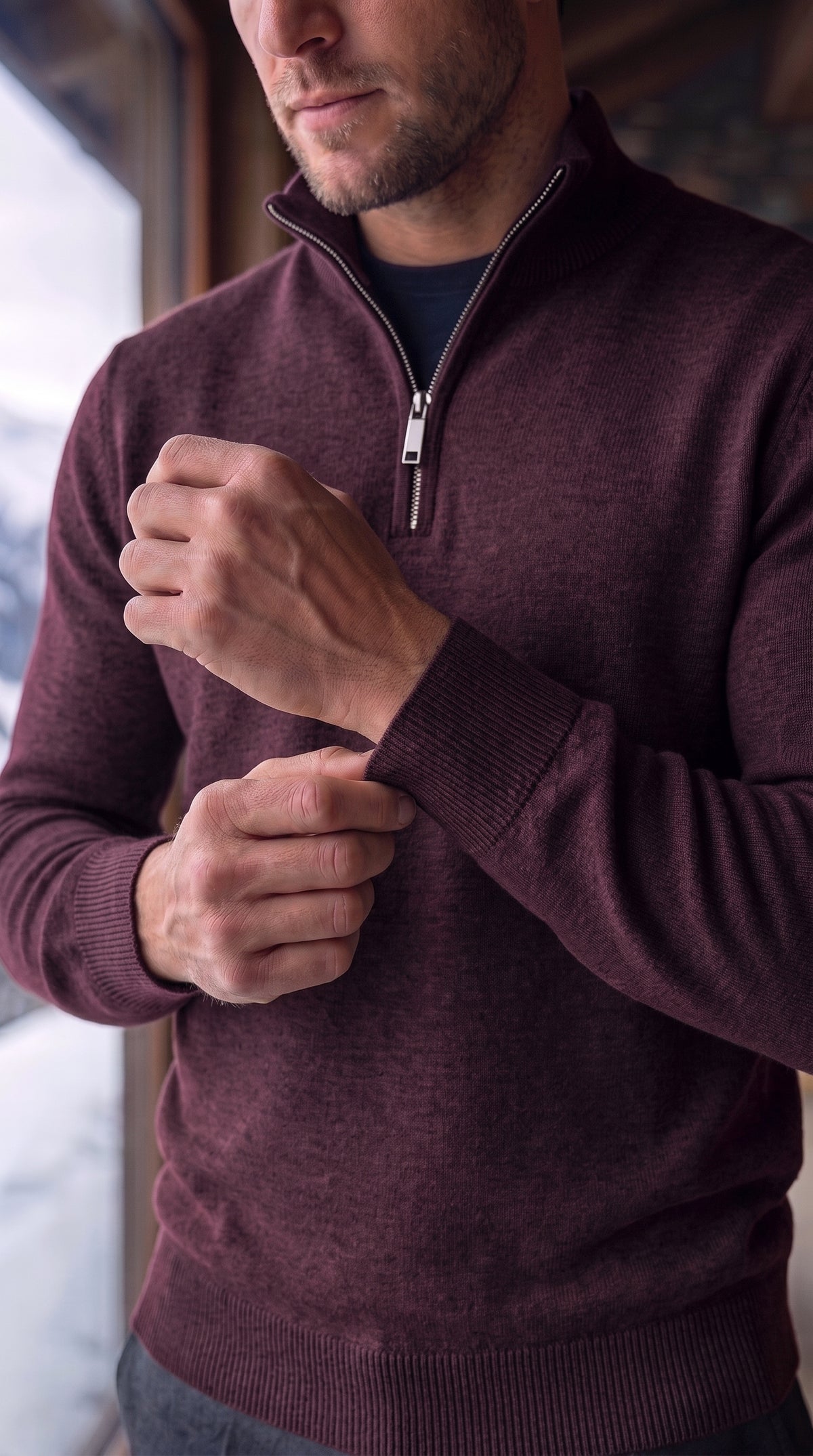 The Essence Cotton Sweater with Half Zip (Dark Red)
