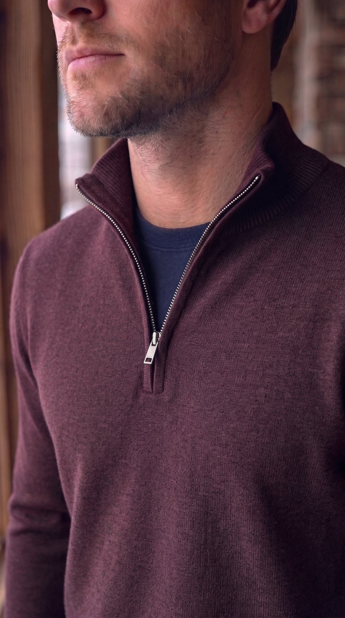 The Essence Cotton Sweater with Half Zip (Dark Red)