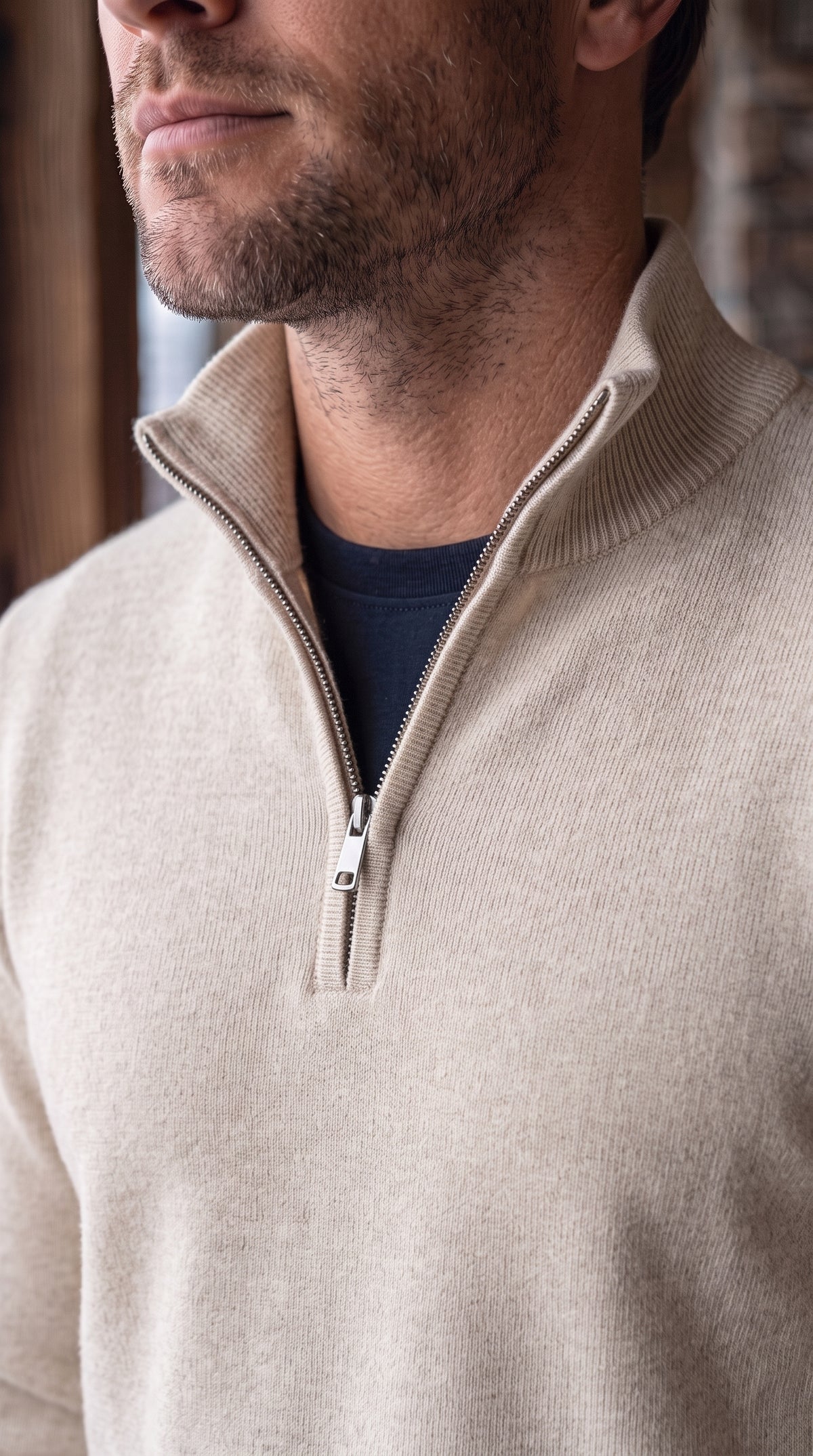 The Essence Cotton Sweater with Half Zip (White Wash)