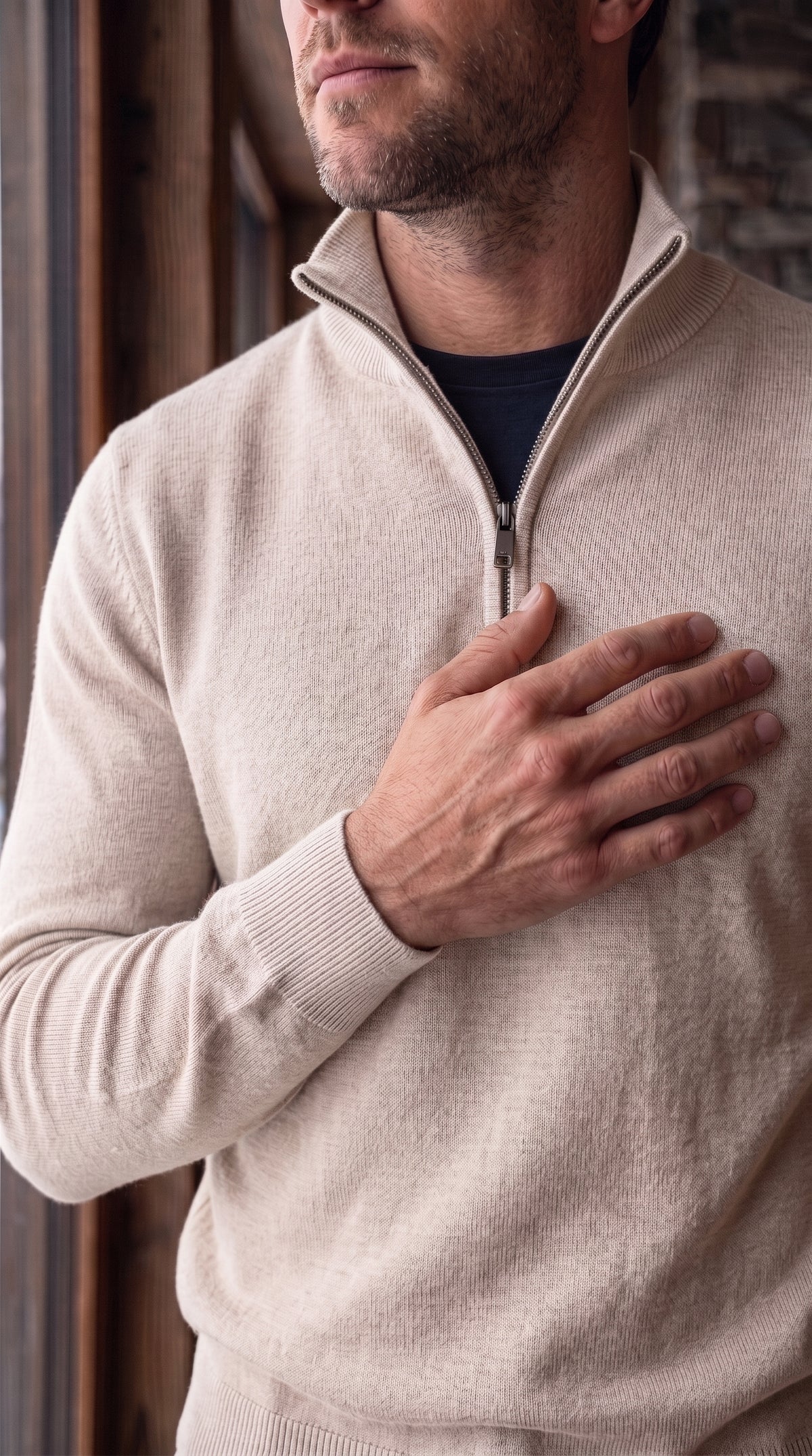 The Essence Cotton Sweater with Half Zip (White Wash)