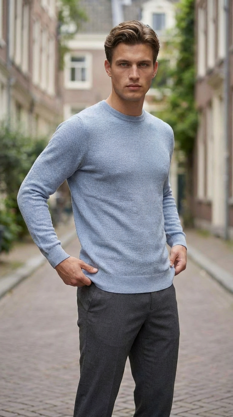 Blue structured crewneck