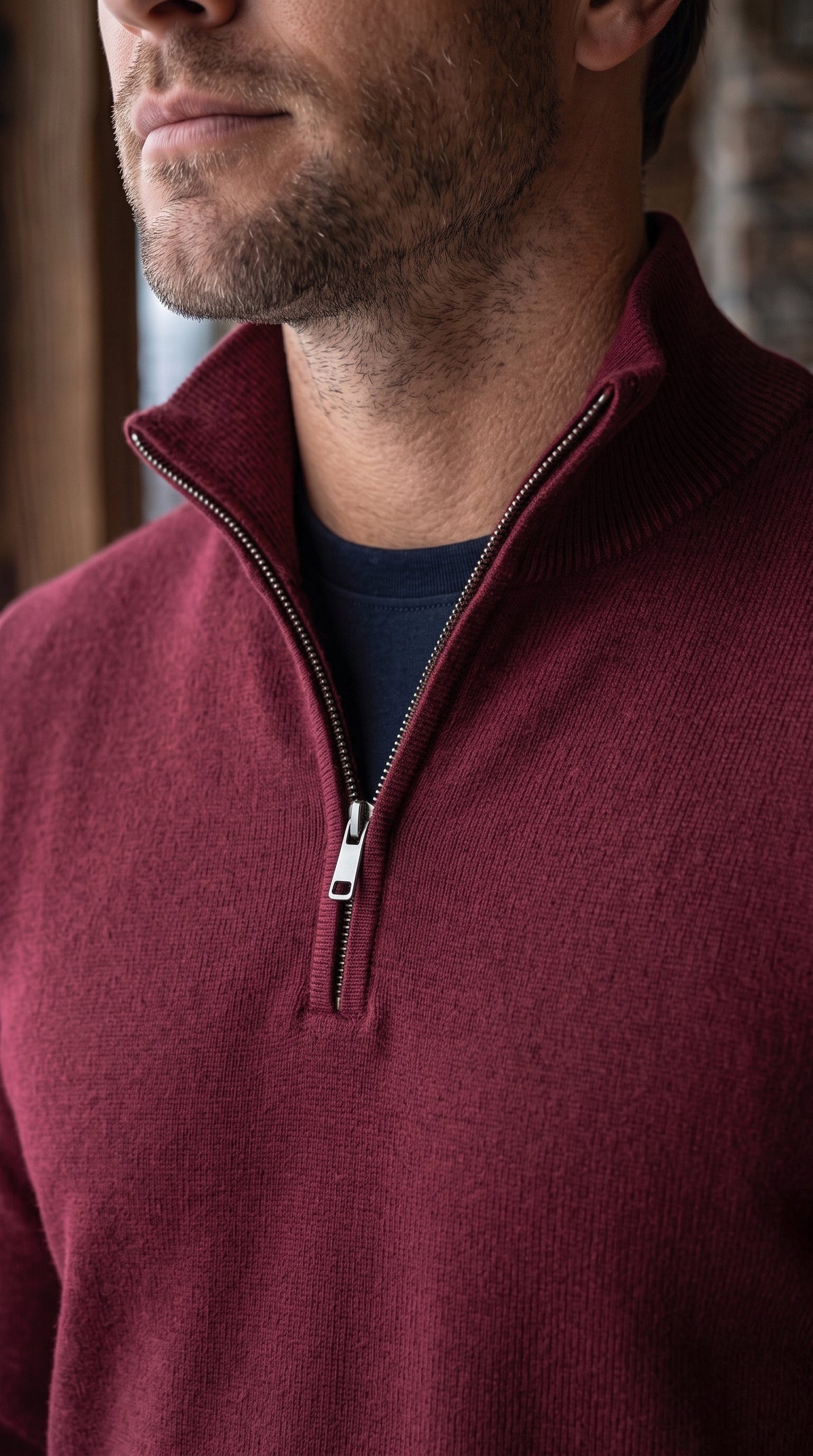 The Essence Cotton Sweater with Half Zip (Dark Red)