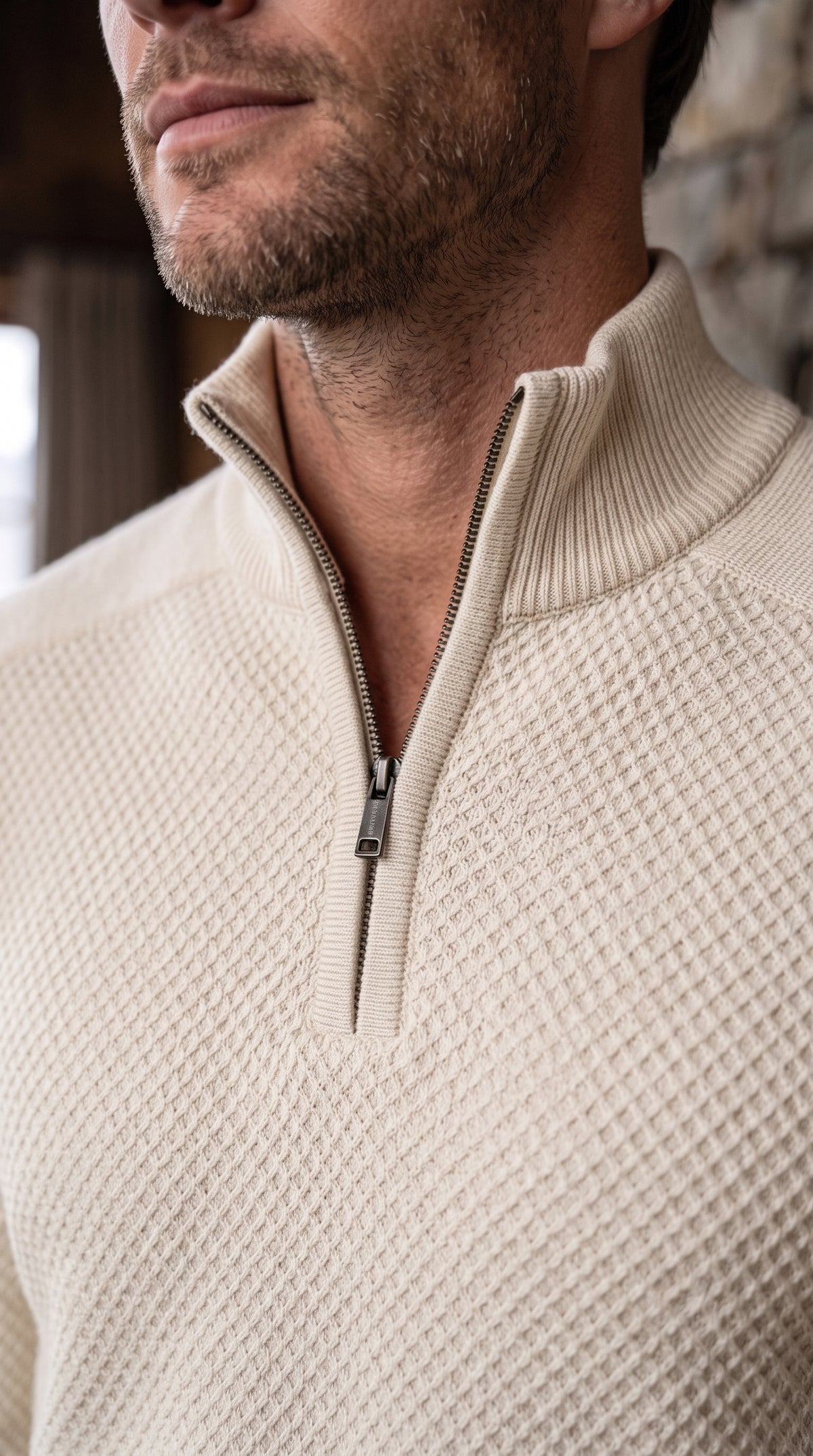 The Essence Knit Sweater with Half Zip (White Wash)
