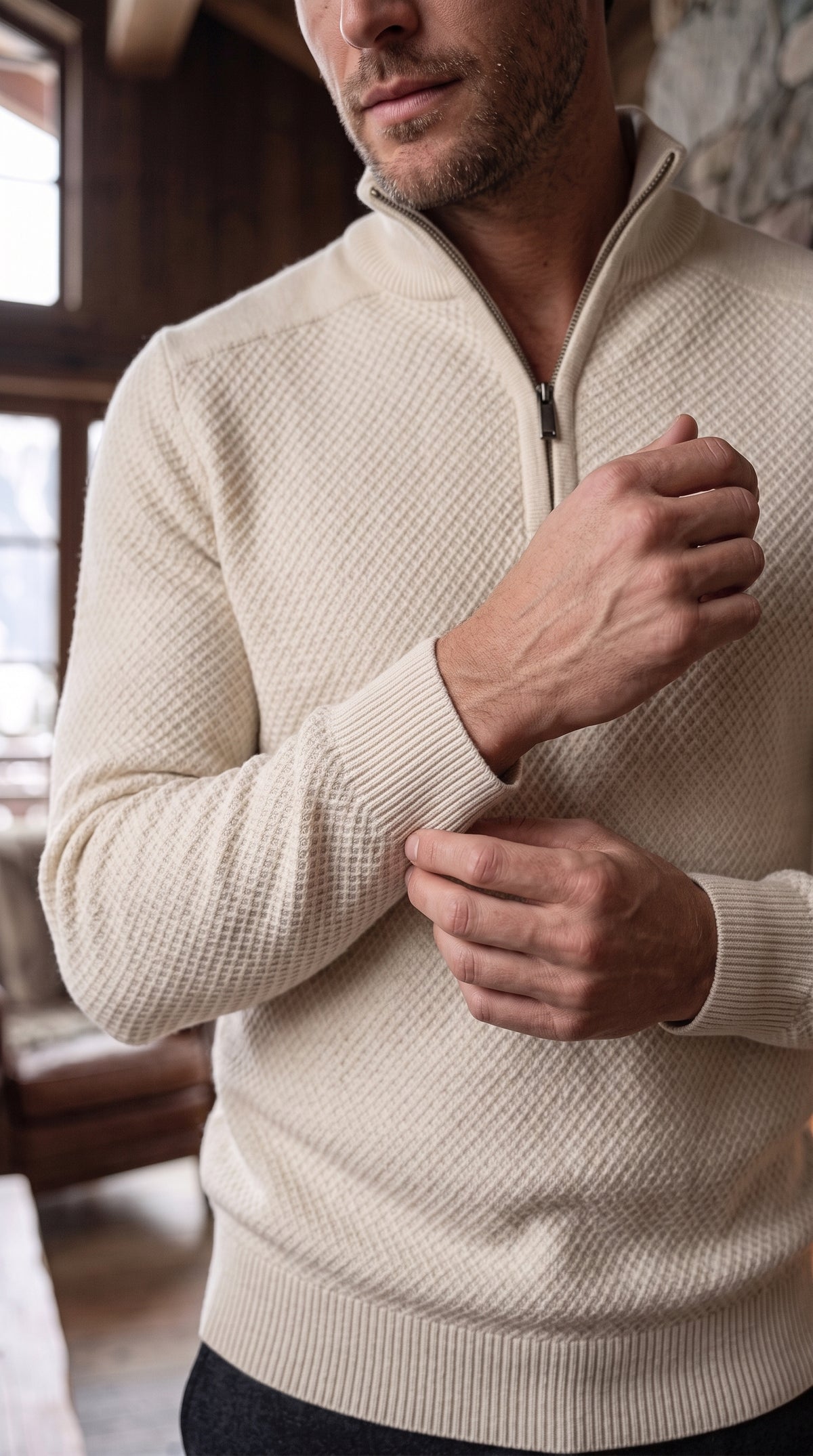 The Essence Knit Sweater with Half Zip (White Wash)