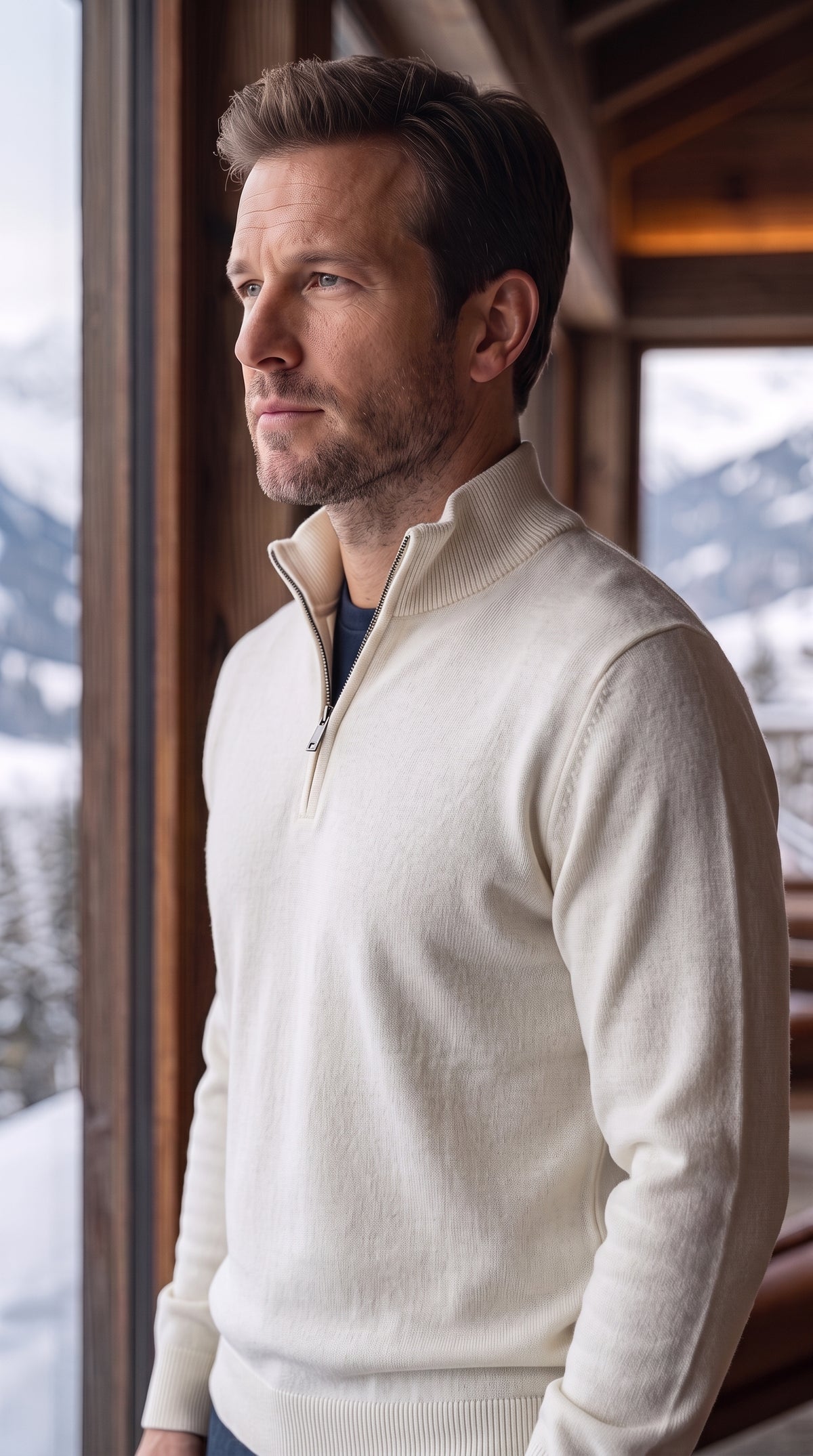 The Essence Cotton Sweater with Half Zip (White Wash)
